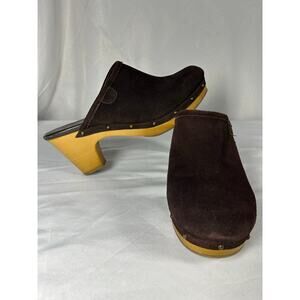 American Eagle Outfitters Suede Brown Leather Mule Clogs Sz 9 Wood Heel Bohemian